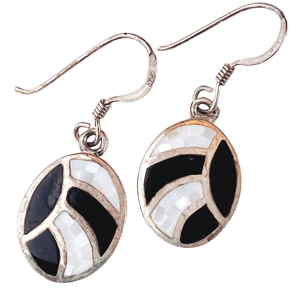 Y2K Sterling Silver Black White Inlay Dangle Earrings Thailand Mosaic Design